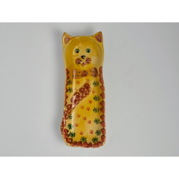 Other - Italian Ceramic Cat Shaped Trinket Dish Hand Painted Yellow Pottery Tray